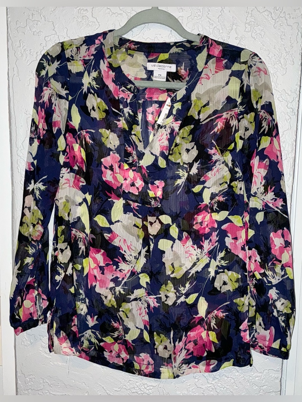 Liz Claiborne Navy Floral Long-Sleeve Blouse - Pink & Green Print